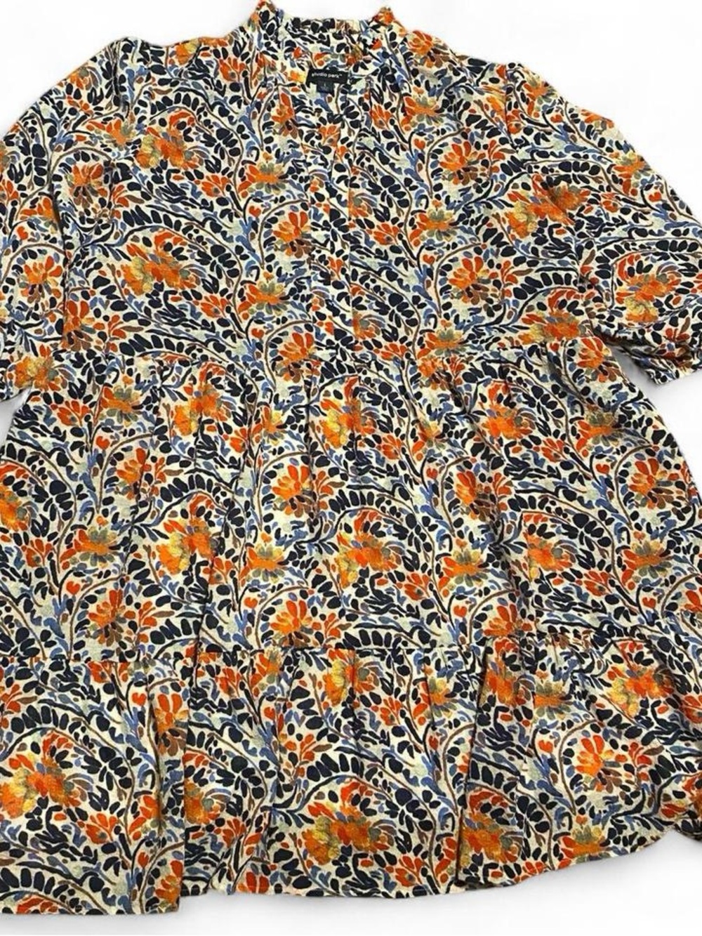 Studio Floral Button-Front Mini Dress in Orange, Navy and Cream